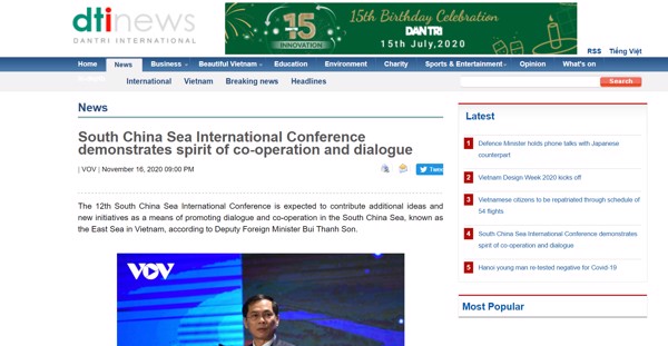 DAN TRI NEWS: “SOUTH CHINA SEA INTERNATIONAL CONFERENCE DEMONSTRATES SPIRIT OF CO-OPERATION AND DIALOGUE”