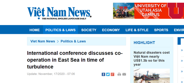 VIET NAM NEWS: “INTERNATIONAL CONFERENCE DISCUSSES CO-OPERATION IN EAST SEA IN TIME OF TURBULENCE”