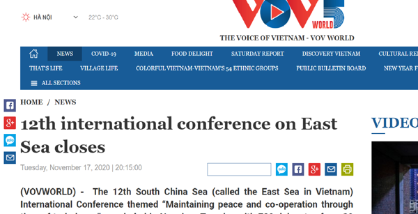VOV5: “12TH INTERNATIONAL CONFERENCE ON EAST SEA CLOSES”